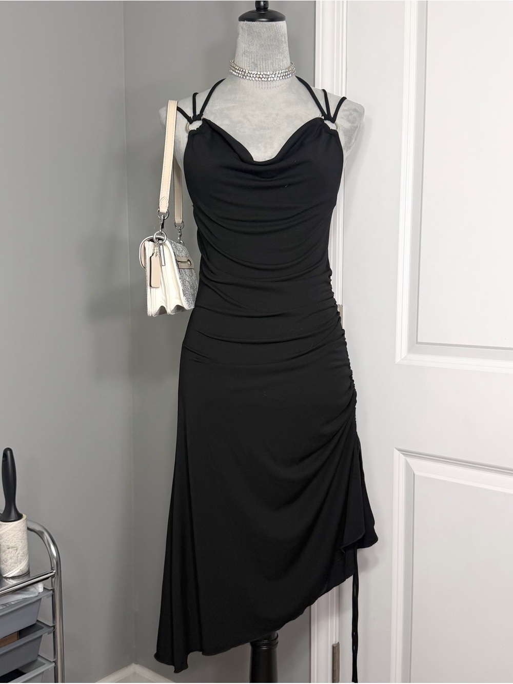 Vintage Fashion Code Black Strappy Cowl Neck Asymmetrical Ruched Dress Size S